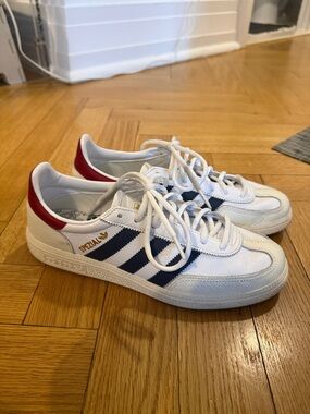adidas spezial White Sneakers with Navy Stripes and Red Heel